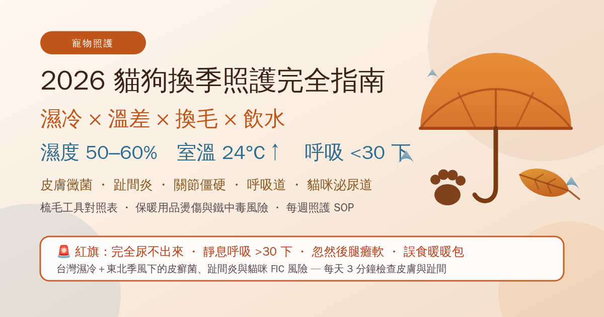 2026 貓狗換季照護完全指南:日夜溫差、皮膚黴菌、關節僵硬與飲水(台灣濕冷在地版 × 每週照護 SOP × 就醫紅旗)