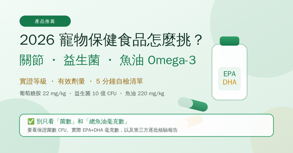 2026 寵物保健食品推薦與挑選指南：關節、腸胃益生菌、魚油 Omega-3 該買哪一款？（獸醫實證、有效劑量與 5 分鐘自檢清單）